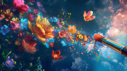 Floating Paintbrush Painting a Trail of Glowing Vibrant Flowers