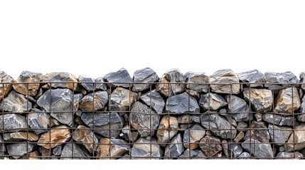 Close-up of stacked stones encased in a metal mesh, forming a gabion wall for landscape construction and architectural design.