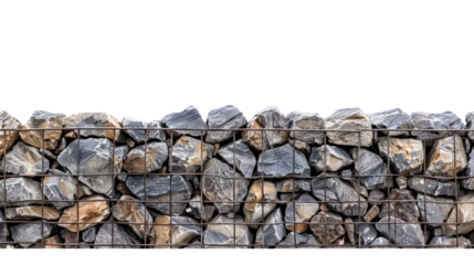 Close-up of stacked stones encased in a metal mesh, forming a gabion wall for landscape construction and architectural design.