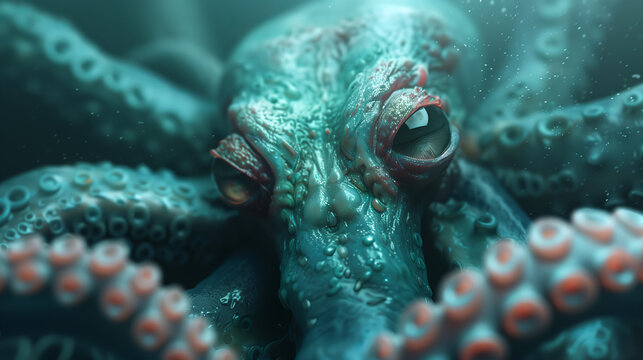 close-up of a octopus monster in the ocean, its tentacles swirling around and its eyes glowing with intelligence