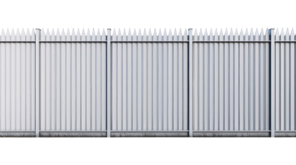 Long, sturdy metal fence with vertical bars providing security and privacy, isolated on a white background.