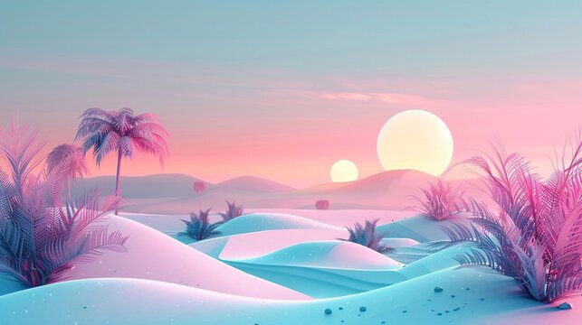 Illustrazione minima 3D: colline e cespugli, alba. Colori tenui pastello