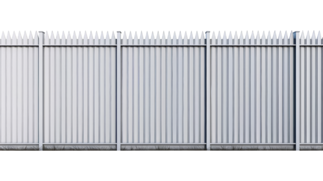 Long, sturdy metal fence with vertical bars providing security and privacy, isolated on a white background.