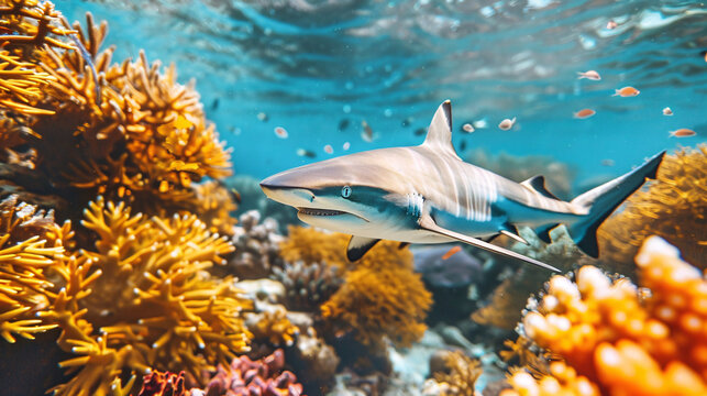 A black tip reef shark swimming through a coral reef
