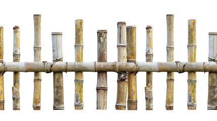 Obraz premium Rustic bamboo fence section isolated on white background, showcasing natural material and traditional construction methods.