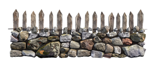 Rustic stone wall with an old wooden fence on top, perfect for landscape or construction-themed 