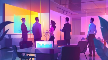 Illustrazione di persone in ufficio che collaborano in riunione e pianificazione di progetti aziendali.