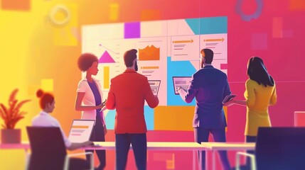 Illustrazione di persone in ufficio che collaborano in riunione e pianificazione di progetti aziendali.