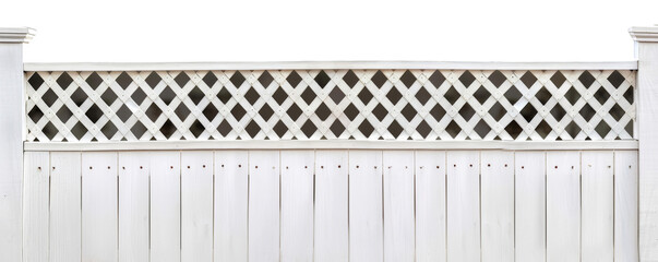 White wooden fence with lattice design on top, isolated on white background. Ideal for garden, backyard or privacy barrier.