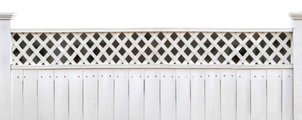 White wooden fence with lattice design on top, isolated on white background. Ideal for garden, backyard or privacy barrier.