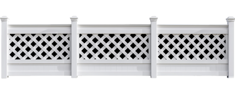 White vinyl fence panel with a lattice design, perfect for garden or yard boundaries, offering both privacy and decorative appeal.