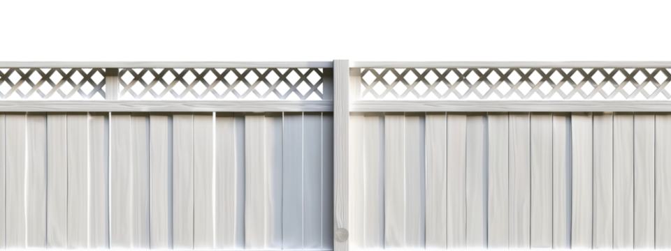White vinyl lattice fence panel isolated on a transparent background, outdoor privacy fencing, garden or yard decoration.