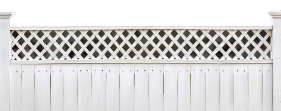 White wooden fence with lattice design on top, isolated on white background. Ideal for garden, backyard or privacy barrier.