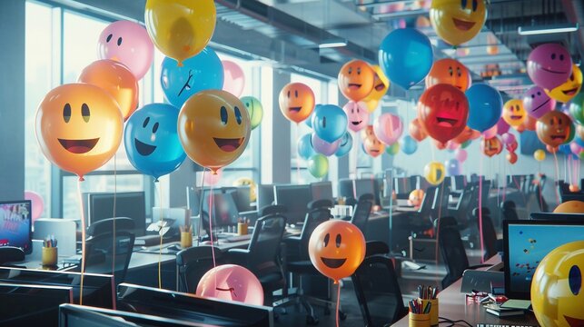 Palloncini colorati con faccine smile in un call center