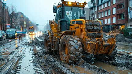 Realistic photo of noise pollution from a construction site, with heavy machinery and loud equipment, depicting the impact on nearby communities and workers. , Minimalism,