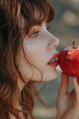 Primo piano viso di giovane donna sensuale che avvicina una mela rossa alle labbra
