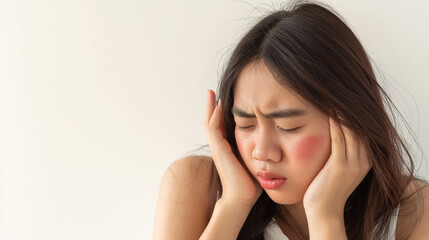 Fototapeta premium Dermatology asian young woman allergy, allergic reaction from atopic, insect bite, scratching itchy back of hand, red spot or rash of skin. Healthcare treatment of beauty. Isolated on white background
