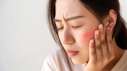Dermatology asian young woman allergy, allergic reaction from atopic, insect bite, scratching itchy back of hand, red spot or rash of skin. Healthcare treatment of beauty. Isolated on white background