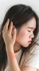 Obraz premium Dermatology asian young woman allergy, allergic reaction from atopic, insect bite, scratching itchy back of hand, red spot or rash of skin. Healthcare treatment of beauty. Isolated on white background