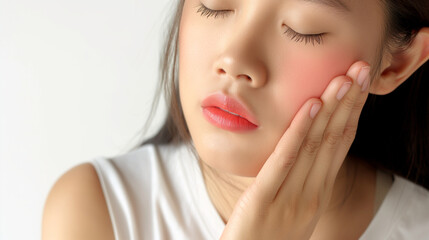 Dermatology asian young woman allergy, allergic reaction from atopic, insect bite, scratching itchy back of hand, red spot or rash of skin. Healthcare treatment of beauty. Isolated on white background
