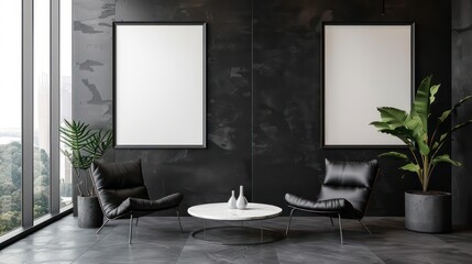 minimalistic interior with blank canvas, empty canvas on wall with modern interior, copy sapce, wall art template