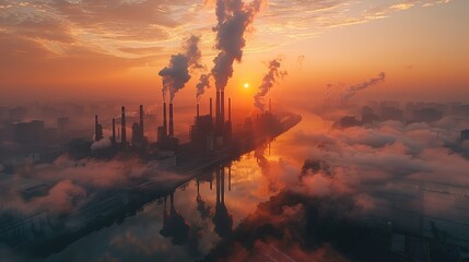 Fototapeta premium Realistic photo of air pollution from factory emissions, with dense smoke clouds, illustrating the industrial contribution to air quality degradation. , Minimalism,