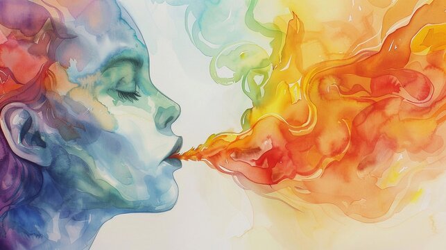 Ragazza neurodivergente espira fumo arcobaleno.