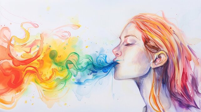 Ragazza neurodivergente espira fumo arcobaleno.