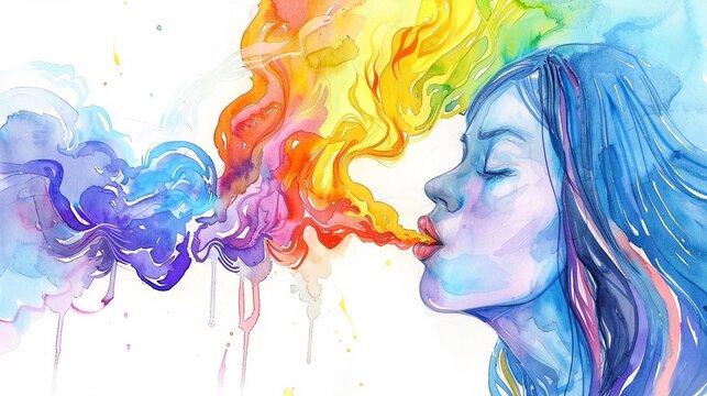 Ragazza neurodivergente espira fumo arcobaleno.