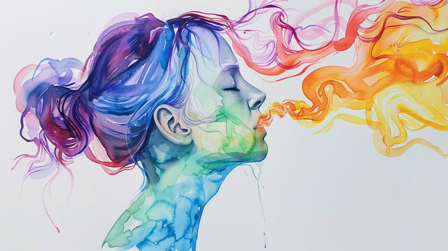 Ragazza neurodivergente espira fumo arcobaleno.