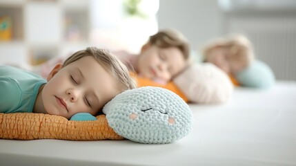 Frontal Angle, a serene scene of kindergarten children resting quietly during nap time, lying on their mats with blankets and soft toys, in a dimly lit and calm nap area of the cla