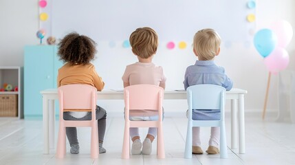Eye-Level Angle, children sitting at colorful desks in a kindergarten classroom, engaged in learning activities, surrounded by educational materials and decorations, in a bright an
