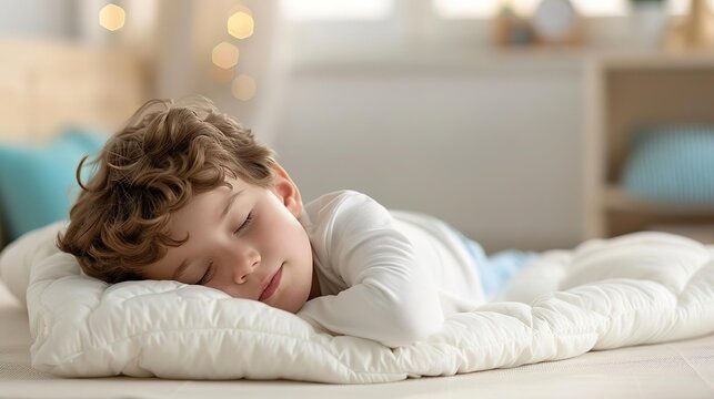 Frontal Angle, a serene scene of kindergarten children resting quietly during nap time, lying on their mats with blankets and soft toys, in a dimly lit and calm nap area of the cla