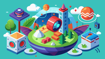 Naklejka premium Vibrant Isometric Cityscape with Dynamic Structures and Green Spaces