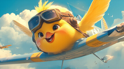 Obraz premium Cute cartoon illustration of a baby chick pilot flying a plane in the sky. Perfect for children's books, animation, and playful designs.