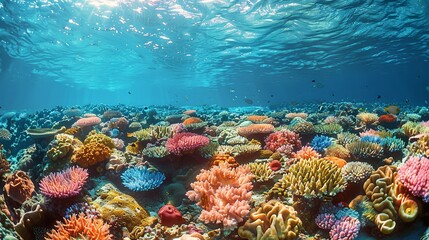 Fototapeta premium A breathtaking realistic photo of a coral reef teeming with marine life, underscoring the importance of marine conservation and the protection of fragile underwater ecosystems. , Minimalism,