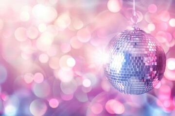 Bright shimmering disco ball with colorful bokeh background, creating a festive and vibrant party atmosphere.