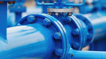 Obraz premium Closeup of blue industrial valves, industrial valves, pipeline detail