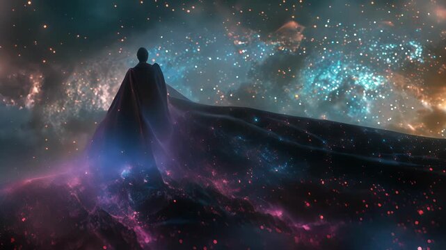 Against a starry sky a heros cape made of galaxyinspired fabric flows behind them adding to their cosmic persona.