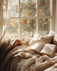 Cozy reading nook by sunny window, reading nook, comfortable space