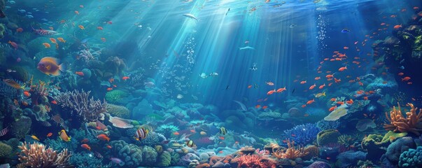 A colorful coral reef with many fish swimming around.