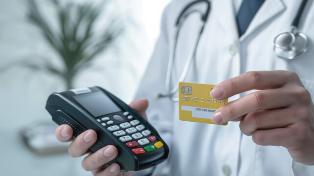 Doctor holding credit card and payment terminal. Image conveys concept of healthcare payment or medical billing - Powered by Adobe