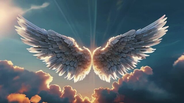 wings in the clouds. Angel wings in the white sky, rays of light, God's light, clear background wallpaper screensaver, 4K High-Quality animation video