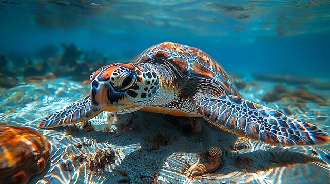 A detailed realistic photo of a turtle swimming in clear blue waters, emphasizing the importance of marine conservation and efforts to protect endangered marine species. , Minimalism,