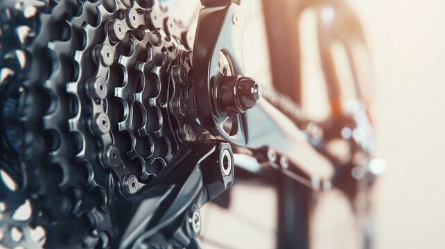Close-up of a bicycle gear and chain mechanism. The image highlights the intricate details and metallic components of the bike