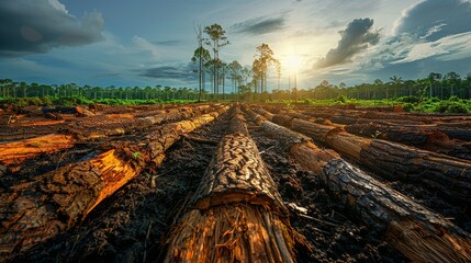 A dramatic realistic photo illustration of deforestation due to illegal activities, highlighting the environmental impact and the urgent need for forest conservation and sustainable practices. ,