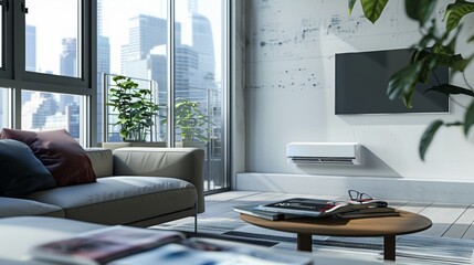 Smart Heater in Modern Living Room with Contemporary Furniture and Cityscape View
