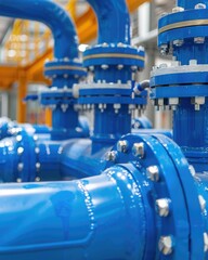 Obraz premium Blue valves on pipes, industrial valves, mechanical engineering