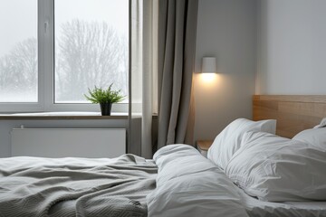 Cozy Sunlit Minimalist Bedroom with Air Conditioner, White Linens, and Potted Plant
