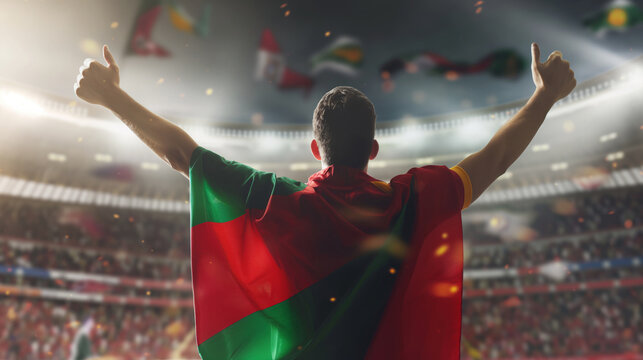 Soccer fan holding Portugal flag in a stadium. The fan is celebrating with arms raised amidst a lively crowd and bright stadium lights - Powered by Adobe